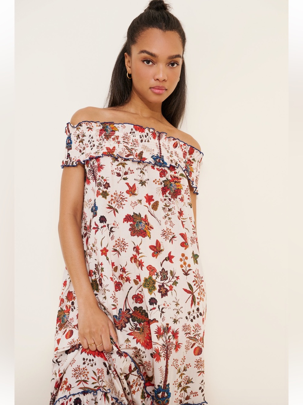 Payal Jain Bohemian Off-Shoulder Floral Maxi Dress in Cream and Red - Picture 4 of 8